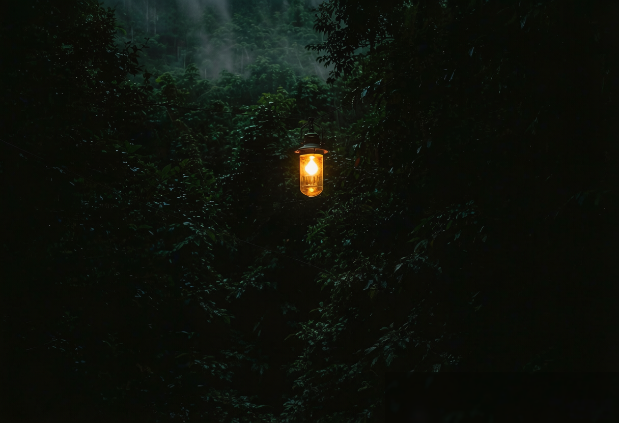 夜色森林中，一盏琥珀色的灯独自亮着